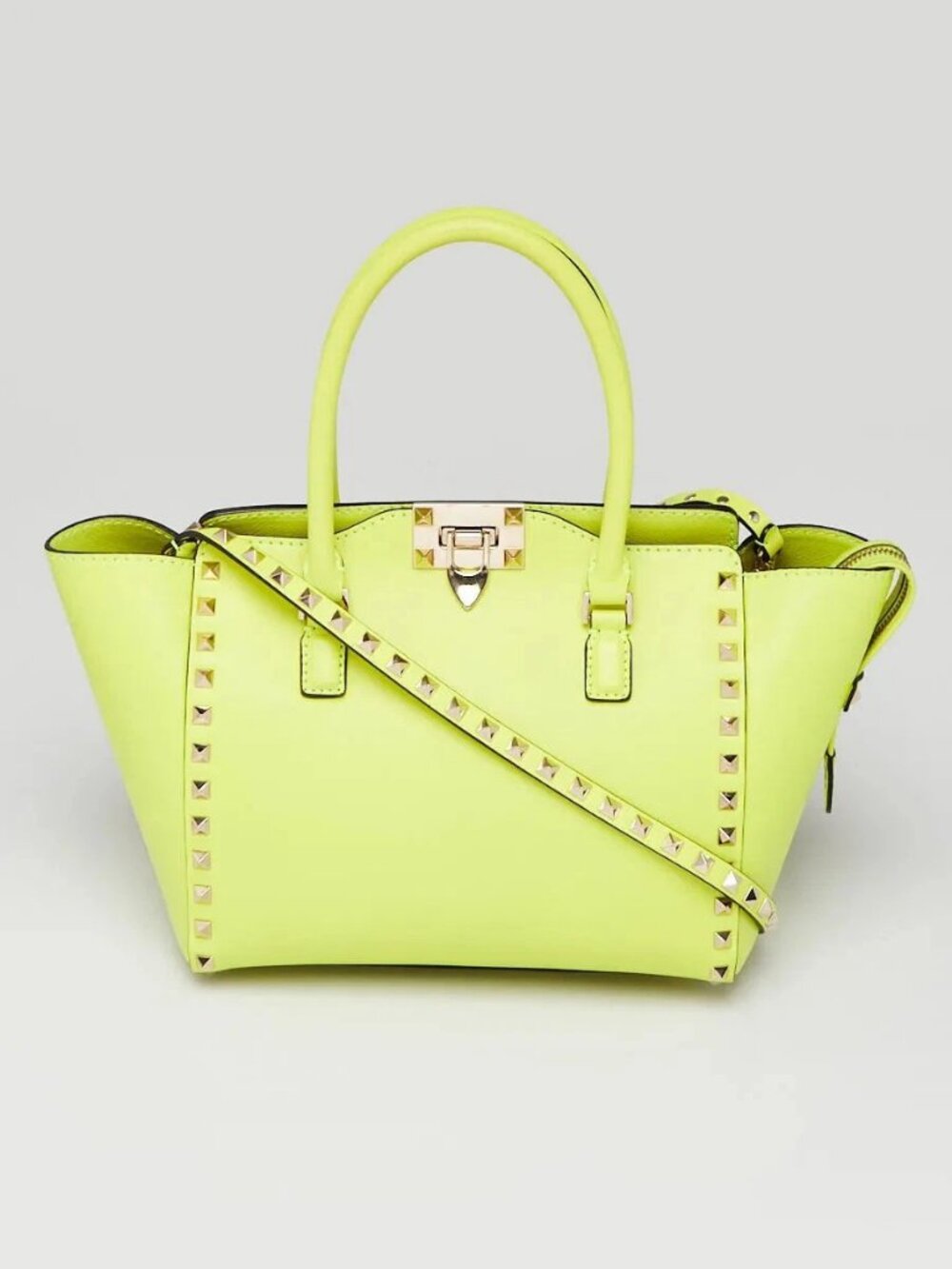 Valentino Fluo Yellow Leather Rockstud Small Double Handle Tote Bag